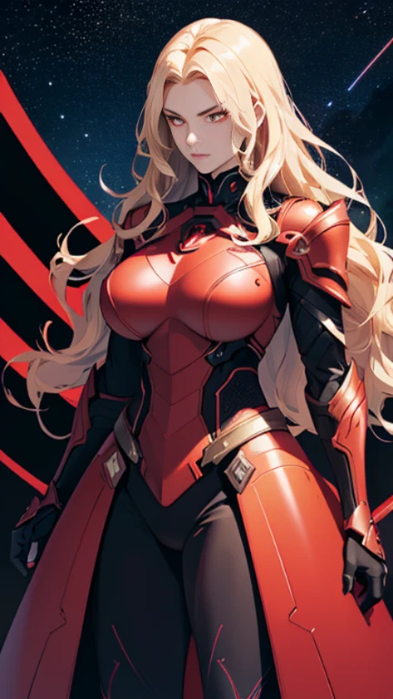 (Armed curvaceous and strong muscular warlord woman), (evil look), ((voluminous wavy blonde hair)), glowing red eyes, ((On her chest is a high-tech glowing dark red star)), sophisticated details, (Sleek, high-tech and futuristic wearing black:70 and dark red:90 Sophisticated armor with tactical skirt), highly weaponized, ((Sideways intimidating pose)), ((standing sideways on a spaceship)), (holographic numbers、symbol、surrounded by stars。), 最high quality, Sharp and clear line drawings, high quality, 8K professional images
