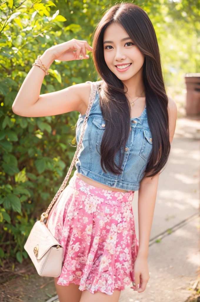 Dslr photo, (8k, 4k, masterpiece),beautiful pretty filipina asian woman, smiling, laughing, sunny, summer, bright, (girly), (feminine), outdoors, street, thin strap sleeveless pink floral skirt, long dark hair, bracelets, arm bands, blurry background, (hands on hips), (elbows out), high heels, single foot raised, cute, full subject in frame, full body view, holding purse, front view, 