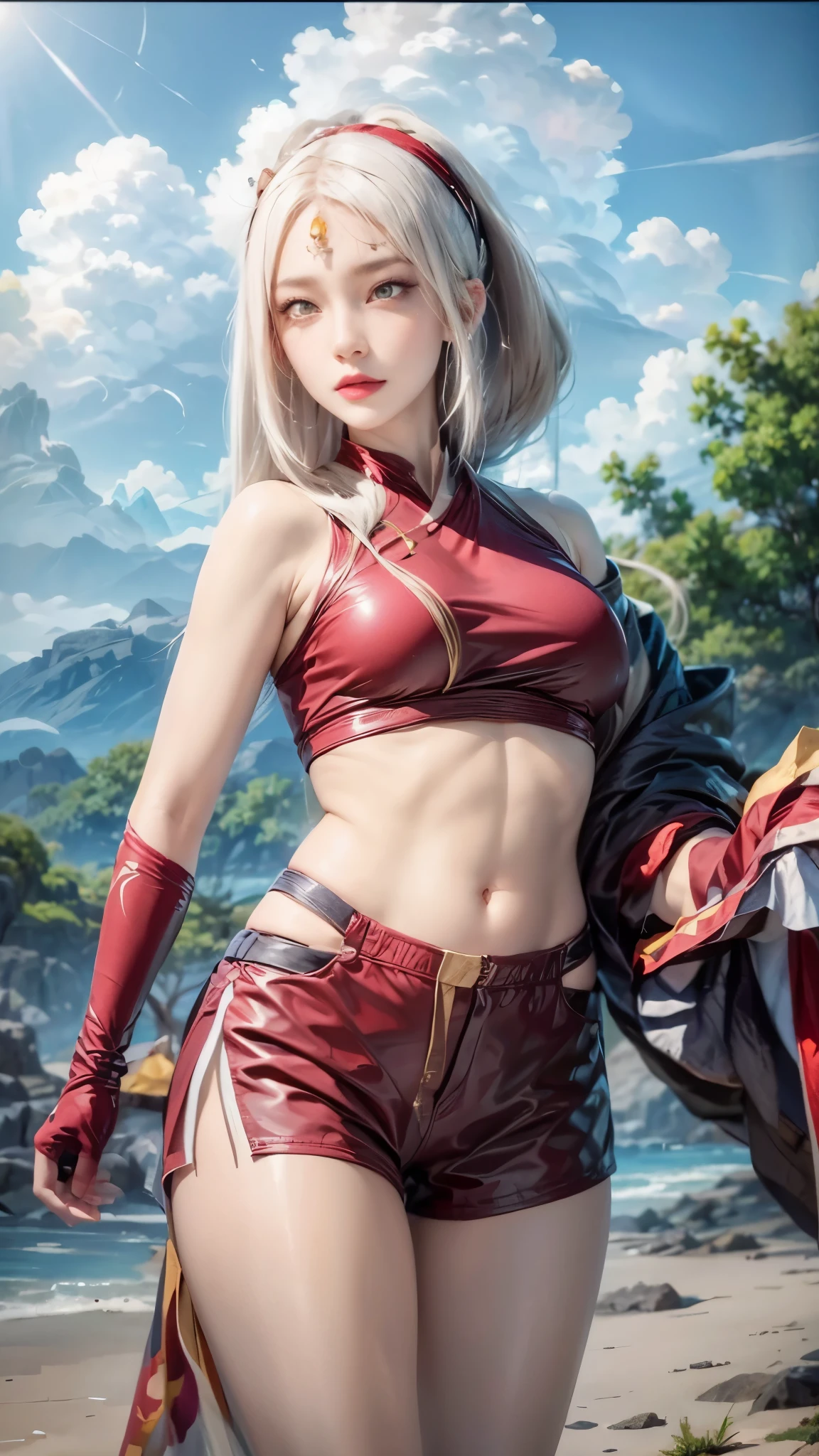 realistic, 1 women, best quality, 12k, HD, long hair, big round breasts, cleavage, ponytail, necklace, jewelry, shorts, short jacket, slim hips, hair tie, yellow eyes, black hair, super detailed, Eye details, hair details, person details, mouth details, face details, breast details, clothes details, hair details, pants details, hand details, whole body
