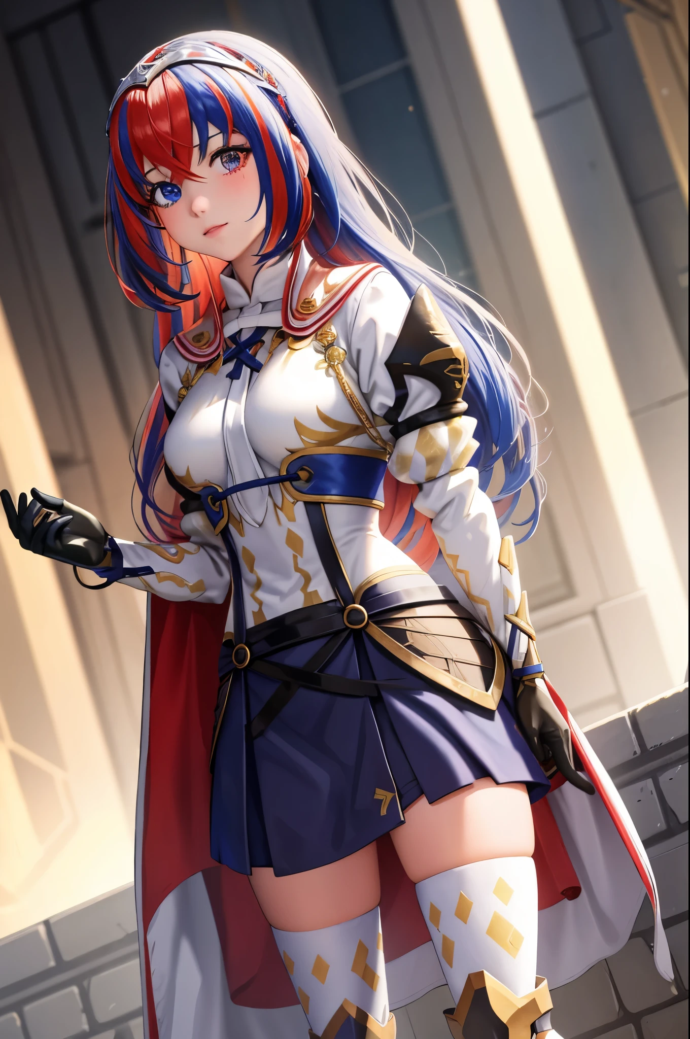 (extremely detailed CG),(best quality),1girl,perfect face,bright pupils,(finely detailed beautiful eyes), alear \(fire emblem\), heterochromia, crossed bangs, split-color hair, tiara, armor, gloves, jewelry, thighhighs, skirt, boots