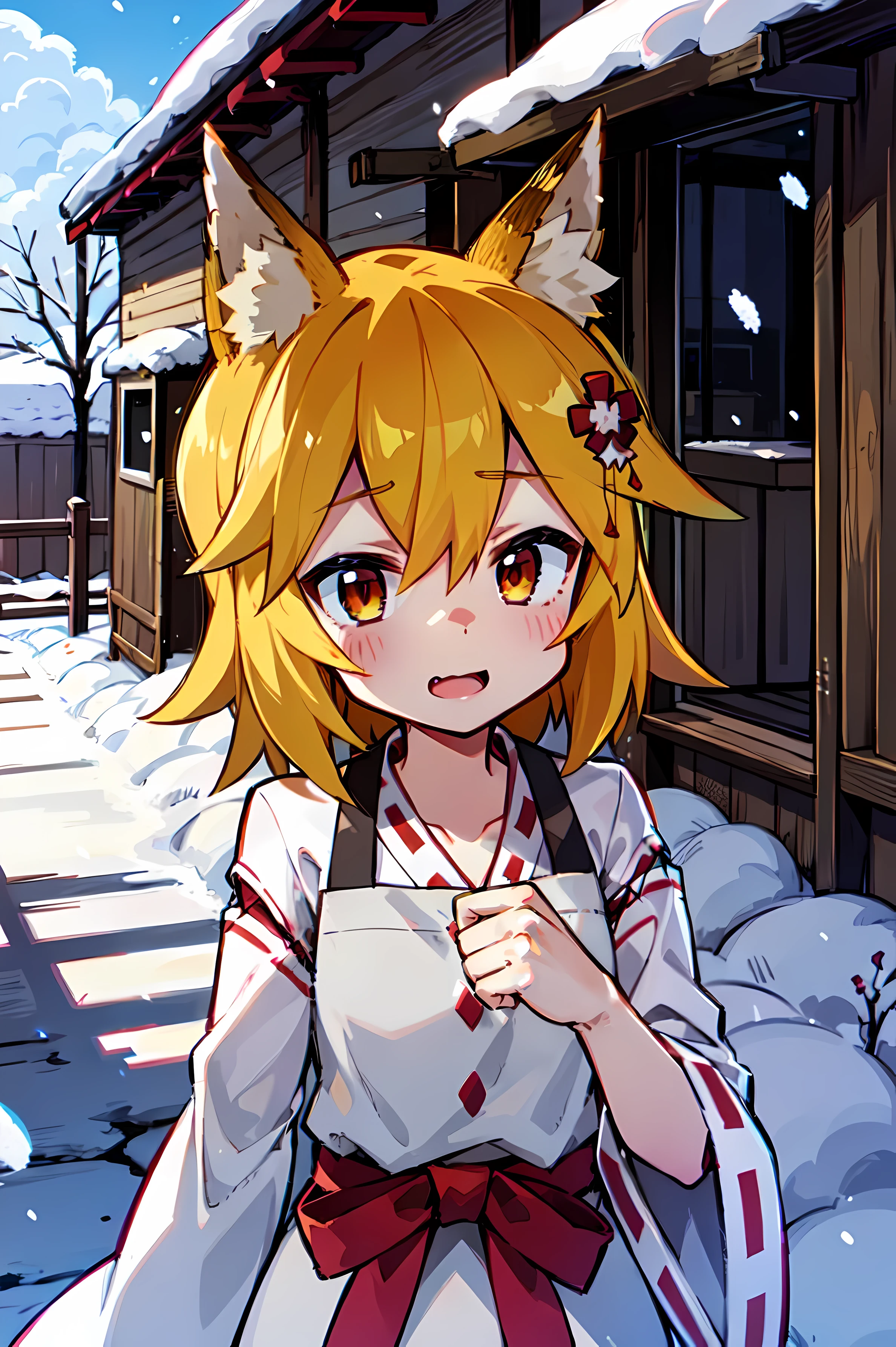 Young woman, Fox ears, 4K image, flowers of different colors, field, Beautiful trees, Maximum details, village, Houses, Beautiful cloud, a very nice girl, fists, Preparing for battle, Aggressive face, Vampire's Tooth, White Trees, snow, overcast weather, snowурочка, Наряд snowурочки