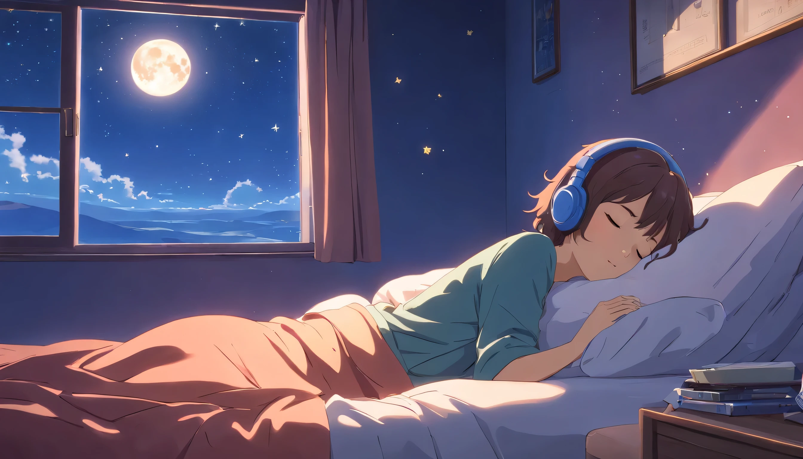a girl hearing music with headphone in bed window side night many star in sky mobile in hand