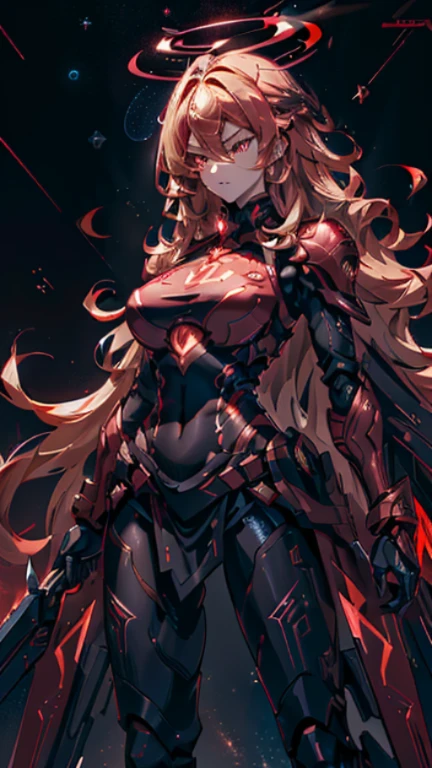 (Armed curvaceous and strong muscular warlord woman), ((voluminous wavy blonde hair)), glowing red eyes, ((On her chest is a high-tech glowing dark red star)), sophisticated details, (Sleek, high-tech and futuristic wearing black:70 and dark red:90 Sophisticated armor with tactical skirt), highly weaponized, ((Sideways intimidating pose)), ((standing sideways on a spaceship)), (holographic numbers、symbol、surrounded by stars。), 最high quality, Sharp and clear line drawings, high quality, 8K professional images