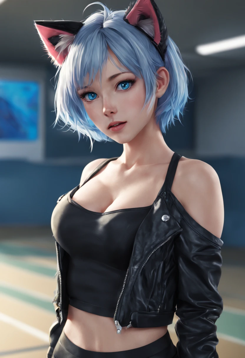masterpiece:1.2, high quality, best quality, detailed_background,indoors,highres,neko (solution1988),black jacket,upper body,open clothes,absurdres,blue eyes,open jacket,gradient background,looking at viewer,sports bra,1girl,short hair,bare shoulders,solo,animal ears,blue hair,jacket,crop top,off shoulder,head tilt,cat ears