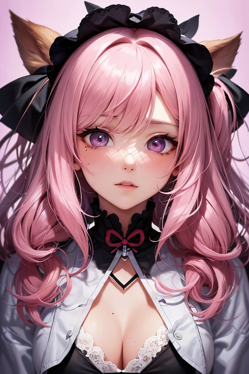 striped hair,Pink twin-tailed hair, Hello, mole under eye, mole under mouth, heart-shaped eyes, long eyelashes, pink eyes, Heart-shaped choker、Full body Esbian、look at the viewer、shy, blush, tooth, ear blush, nose blush,anime style, color field painting, ray tracing, bloom, one person's perspective, nffsw, award-winning, 16K, 最high quality, advanced details, high quality, table top, High resolution, Accurate, Super detailed