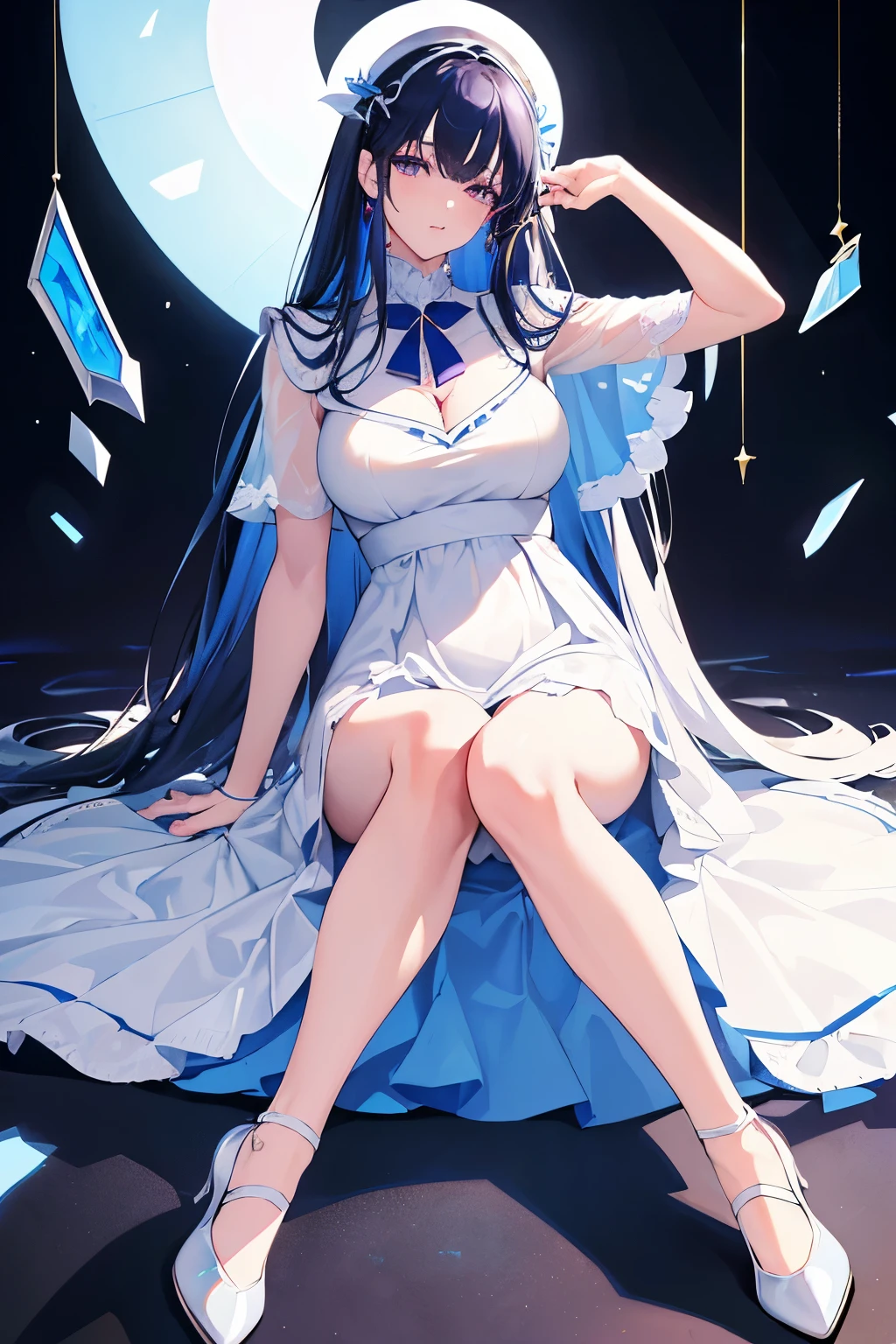 Left-facing, ((((Masterpiece)))), (((Best Quality))), (((Very Detailed))), Detailed Fingers, Illustration, 1 Girl, Solo, Long Sky Blue Hair, Violet Colored Eyes, Flower Hair Ornament, White Feather Hair Ornament, Yellow Moon Hair Ornament, Wide Open Chest, Large Breasts, Large White Ribbon at the Waist, Yellow Idol Dress, With White Flowers, Choker with Yellow Ribbon, White Gloves, White Tights, Yellow Shoes, MIKU, Royal Elegant Pose