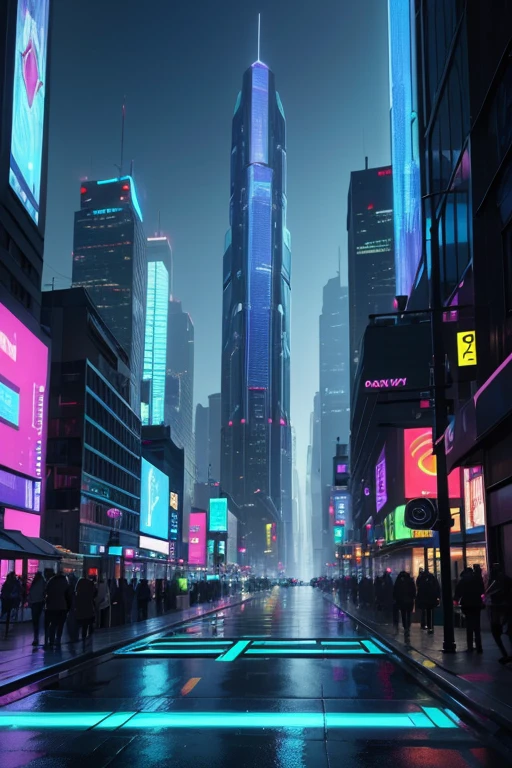 Describe a futuristic cityscape in 2050, Where futuristic skyscrapers rise up to the sky, illuminated by pulsing neon lights. The streets are lined with silent flying vehicles, enquanto hologramas flutuantes exibem publicidade interativa. Vertical gardens cover the facades of the buildings, combinando natureza e tecnologia. The sidewalks are made of self-cleaning material and change color as people pass by. Descreva os sons, smells and physical sensations of this futuristic landscape, 8k, cinematic ilumionation.