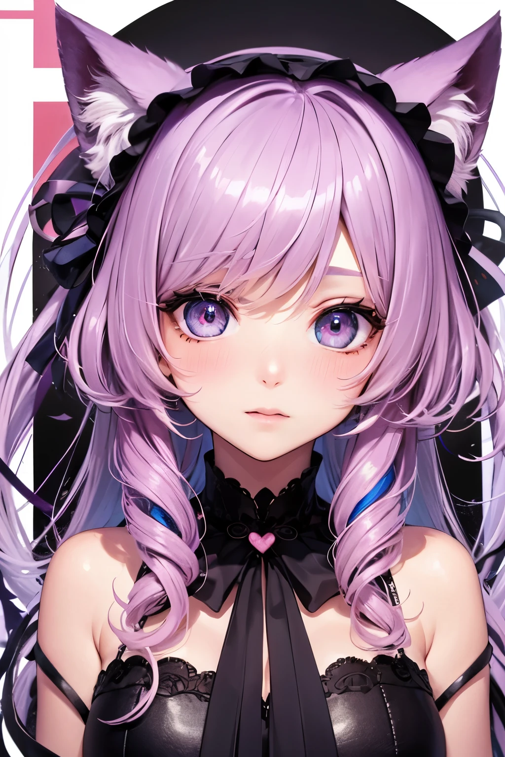 striped hair,Pink twin-tailed hair, Hello,  mole under eye, mole under mouth, heart-shaped eyes, long eyelashes, pink eyes, Heart-shaped choker、Full body Esbian、look at the viewer、shy, blush, tooth, ear blush, nose blush,anime style, color field painting, ray tracing, bloom, one person&#39;s perspective, nffsw, award-winning, 16K, 最high quality, advanced details, high quality, table top, High resolution, Accurate, Super detailed