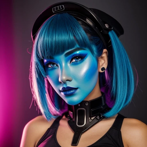 Mecha-girl,blue face makeup, black lipstick