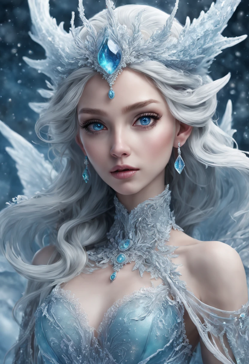 1gril. generate a celestial and colorful ice angel. her eyes should be beautifully detailed, extremely detailed, realistic, macro, and bright. her face should be fierce and dynamic. She should have soft, full lips and an arched nose. Her face should have high cheekbones, a strong jawline, and large lips. include a highly detailed face with realistic eye shading. her clothes are long and flowing and made of silk and lace and pearls. include frosty details such as snow, wind, snowflakes, cold air, and night sky. include phantasmal iridescence, shimmer, glimmer, and bumps, as well as beautiful and intricate fantasy details. this is a magical and high fantasy image. cold, frost, frost on image, frost on camera, frost on figure, intricate snowflakes ((masterpiece)), best quality, high quality, highres, intricate details, portfolio piece, bryan organ, matte, trending on art station, in the style of greg rutkowski, include magical ice creature, use shades of blue, include fur, (dynamic composition), (highly detailed), ornate, ultra detailed, detail enhancements, magical details, fantasy vibes, very detailed ice dragon, beautiful and intricate ice chimera, ((dynamic composition)). include colorful iridescence