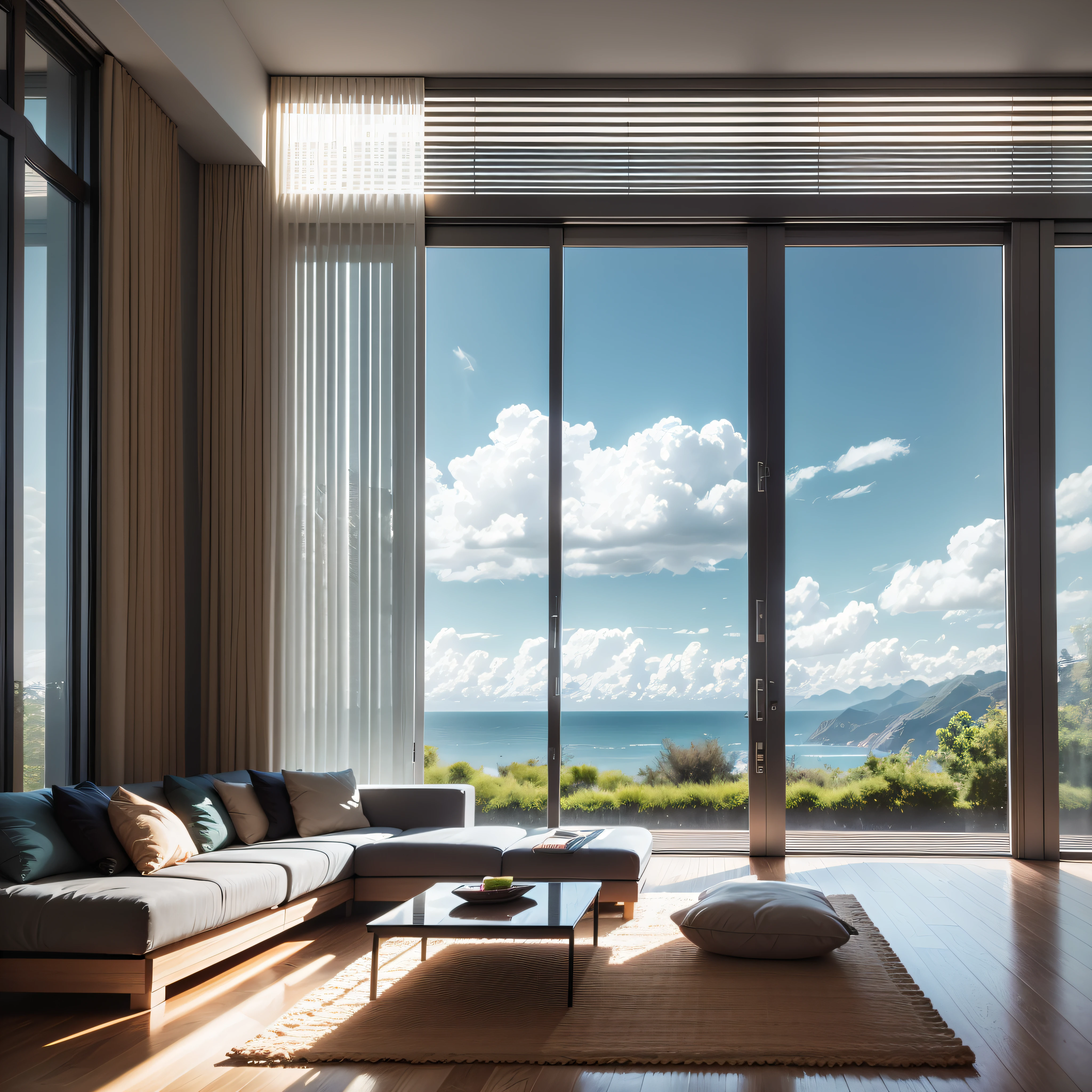 better quality, View of living room with sofa and window, natural window lighting, 以Natural light为背景, teParaPara's ground Para window, ceiling windows to floor, Interior art nouveau style, large windows, simple wooden house, Ground - for - roof windows, big glass window, Mixed with Rivendell Architecture, Natural light,No space required, minimalist neutral interior, realism, 超realism, real image --auto --s2