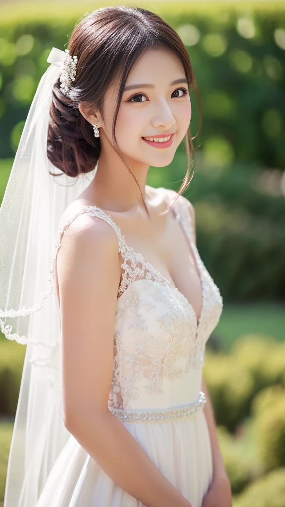 1 woman、Wedding、Beautiful style、Super high quality、whole body、beautiful skin、Japanese、innocent smile、Pull angle of view、realistic pictures、delicate、clear、white background、pink dress