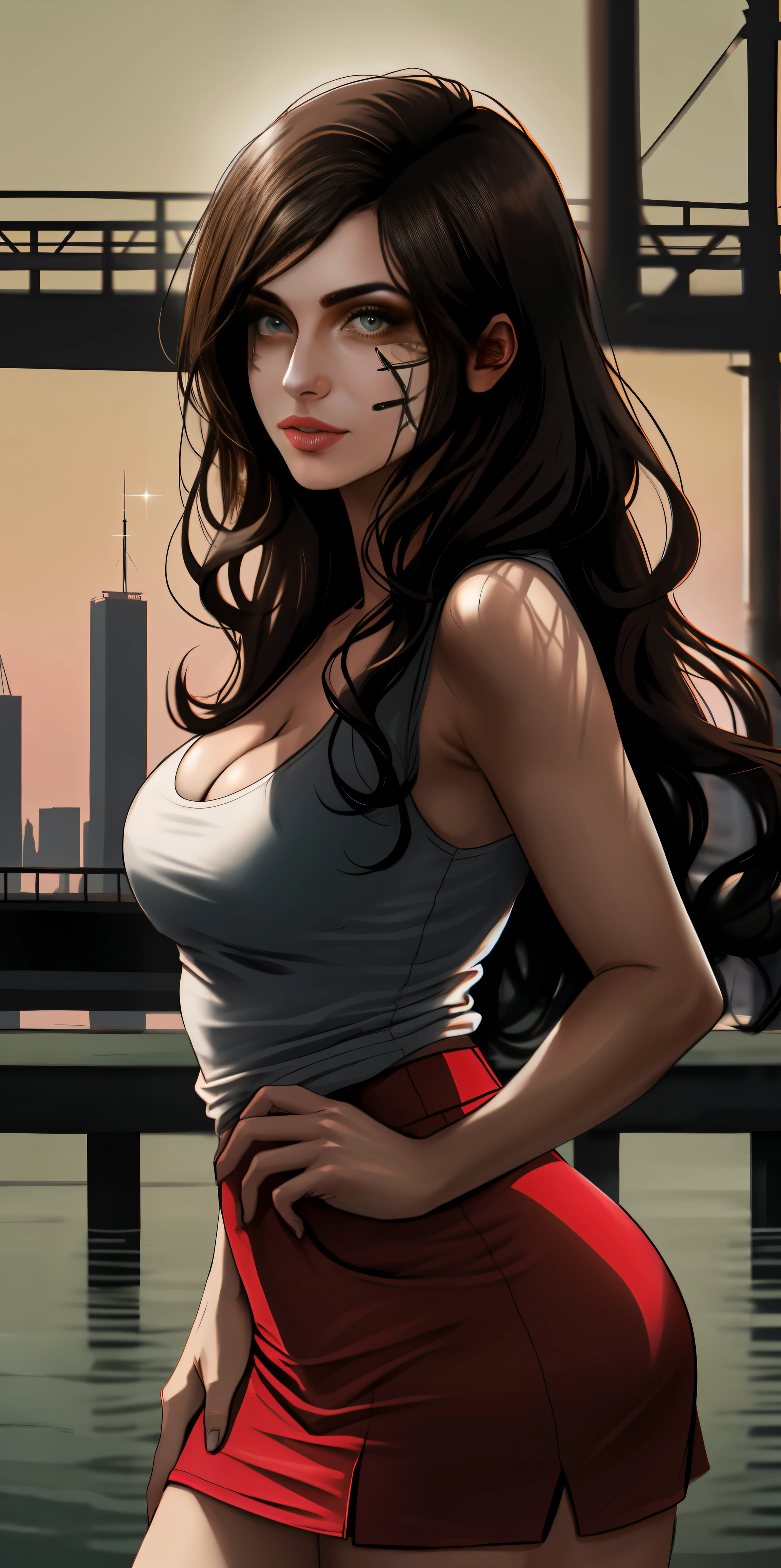 Masterpiece, best quality, 20 years old girl, young, portrait, portrait style photo, female, stoic, heavy make-up, clitter lips, eye- makeup, dress, curly, long flowing hair, black hair, outdoor city setting, burgundy eyes, average looks, sexy, dominant pose, western setting