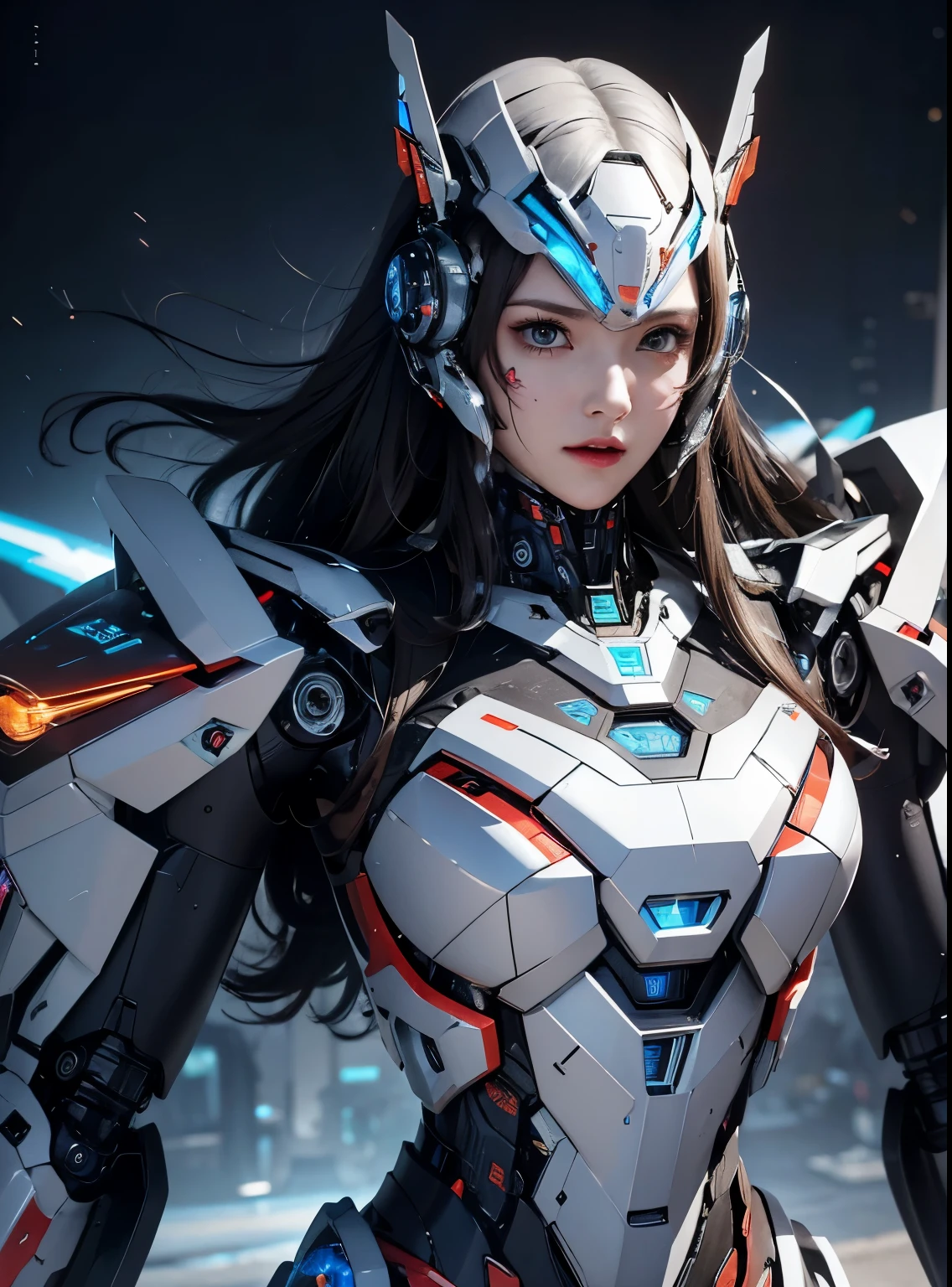 rough skin, Super detailed, advanced details, high quality, better quality, High resolution, 1080P, hard disk, beautiful,(Iron Patriot),beautifulサイボーグの女性,Mecha cyborg ,battle mode, With mechanical body,She wears a futuristic Iron Patriot mech,full body shot