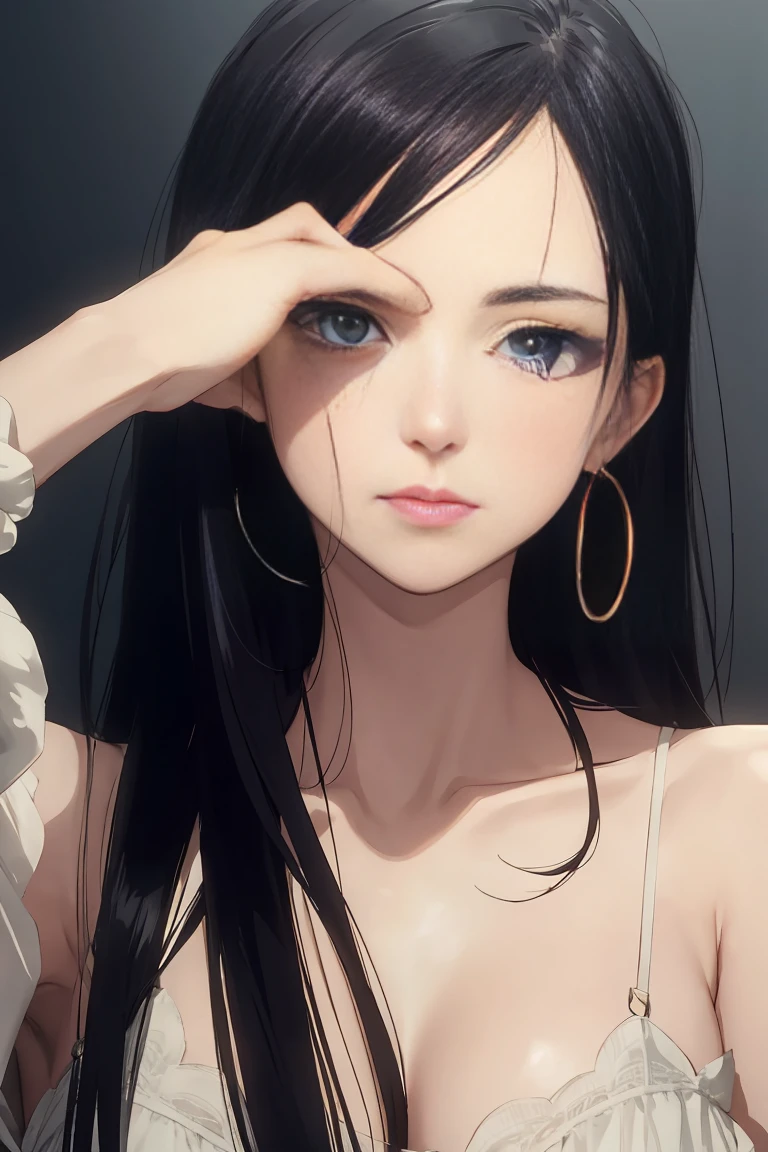 ((highest quality)), ((masterpiece)), (become familiar with), perfect face is sad Are crying girl dark room one piece tears anxious face Are crying black hair Slightly looking down standing up straight The whole body is shown beautiful woman