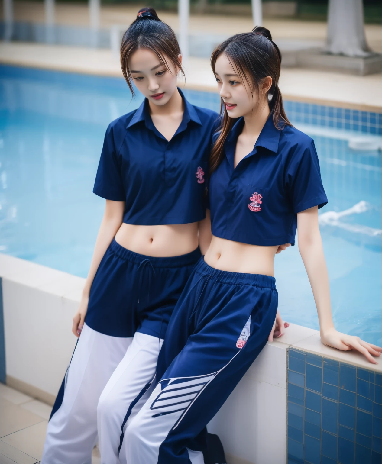 2 girls in the swimming pool, Navy blue short-sleeved shirt,Navy Long Trackpant,Sweatpants, Sweatpantsขายาว,25 year old girl, lesbian, sexy, exercise clothes, wet body