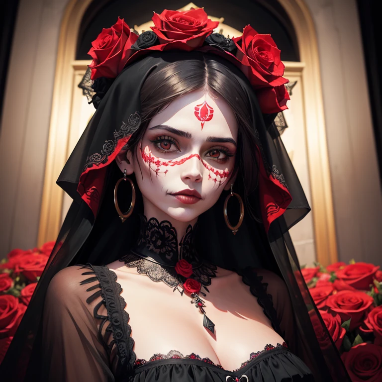 portrait woman day of the dead Santa muerte with red roses on her head and a veil carrying a black rose in her hands