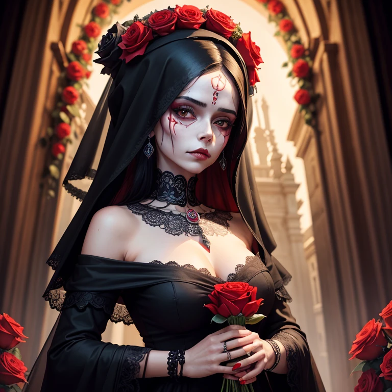 portrait woman day of the dead Santa muerte with red roses on her head and a veil carrying a black rose in her hands