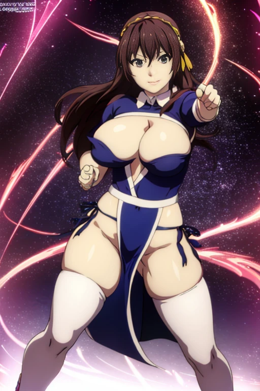 masterpiece, high resolution, best quality, beautiful art, anime style, detailed face, 1 woman, solo, Yunyun, big breasted, cleavage, mature woman, grown up, blue japanese clothes, sexy outfit, sleeveless, white stockings, pelvic curtain, full body, sexy legs thighs and hips, fighting in combat, showing her fighting skills, action and combat scene, attacking the viewer, being confident and proud, smirking, sexy moves, showing her loincloth, bouncing breasts, beach environment