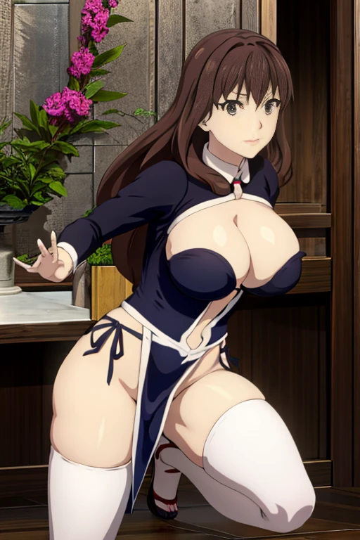 masterpiece, high resolution, best quality, beautiful art, anime style, detailed face, 1 woman, solo, Yunyun, big breasted, cleavage, mature woman, grown up, blue japanese clothes, sexy outfit, sleeveless, white stockings, pelvic curtain, full body, sexy legs thighs and hips, fighting in combat, showing her fighting skills, action and combat scene, attacking the viewer, being confident and proud, smirking, sexy moves, showing her loincloth, bouncing breasts, beach environment 