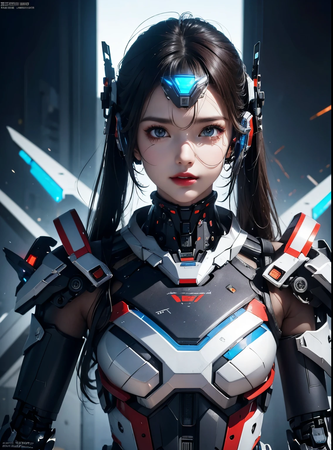 rough skin, Super detailed, advanced details, high quality, better quality, High resolution, 1080P, hard disk, beautiful,(Iron Patriot),beautifulサイボーグの女性,Mecha cyborg ,battle mode, With mechanical body,She wears a futuristic Iron Patriot mech,full body shot