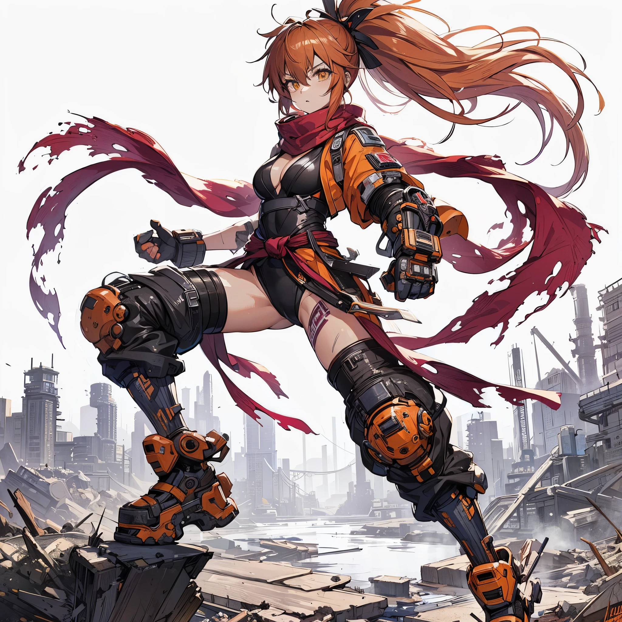 (Masterpiece, best quality), (perfect athlete body: 1.2), (detailed hair), super detailed, anime style, full body, solo, cyberpunk KARATE girl, Karate wear and spats, and torn red scarf, orange ponytail hair and yellow eye, high-tech huge gauntlet, hi-tech boots, standing in wasteland, digital painting, 8K high resolution, art station trend, white background, whole body,