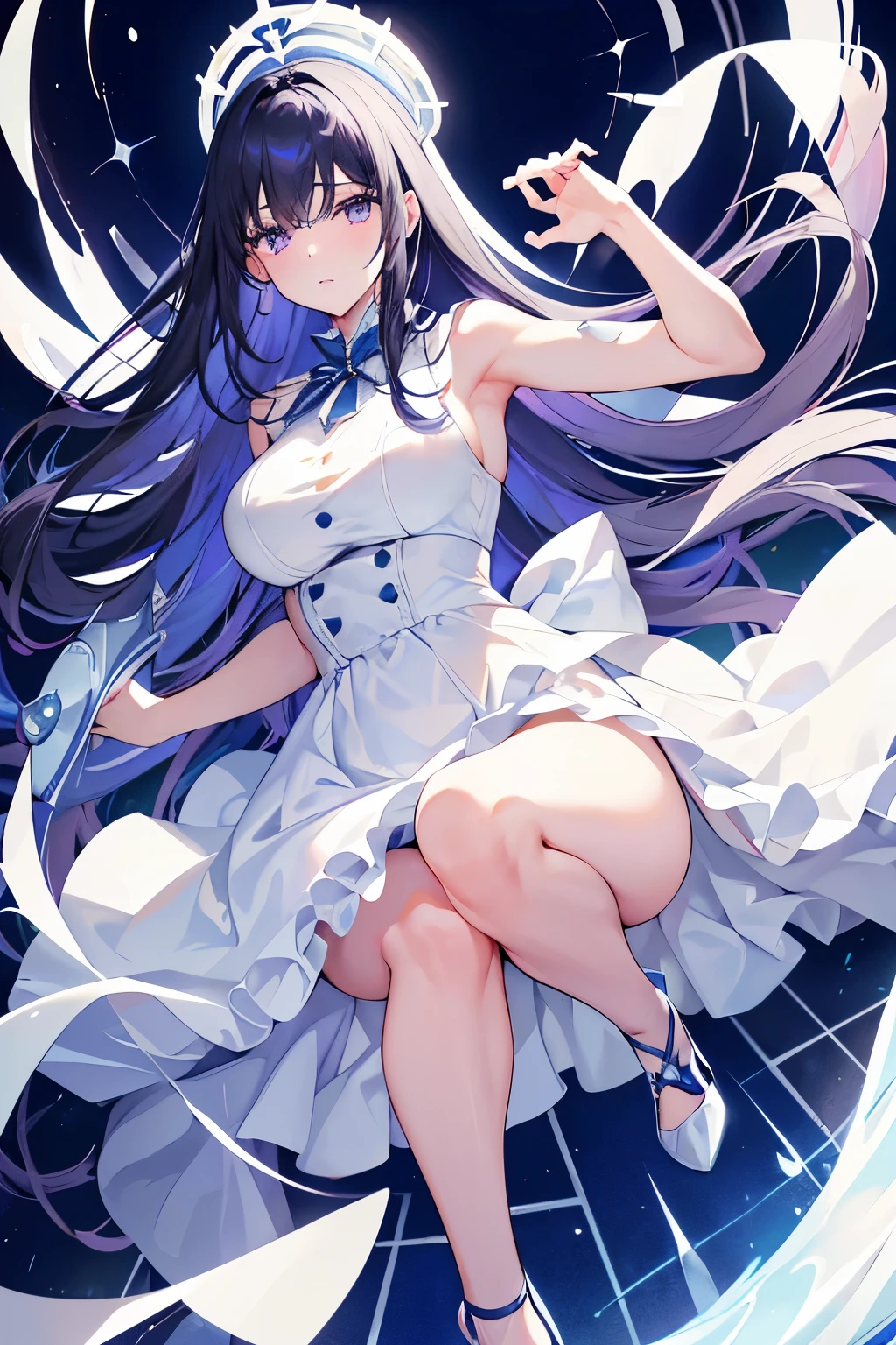 (masterpiece), (Aristocratic Affair), (white high heels), (blue prom dress), (Dancing), (purple eyes), (White skin), (우아한 Blue dress), (Blue dress), (Haughty look), (mature woman), (one woman), (erysipelas)