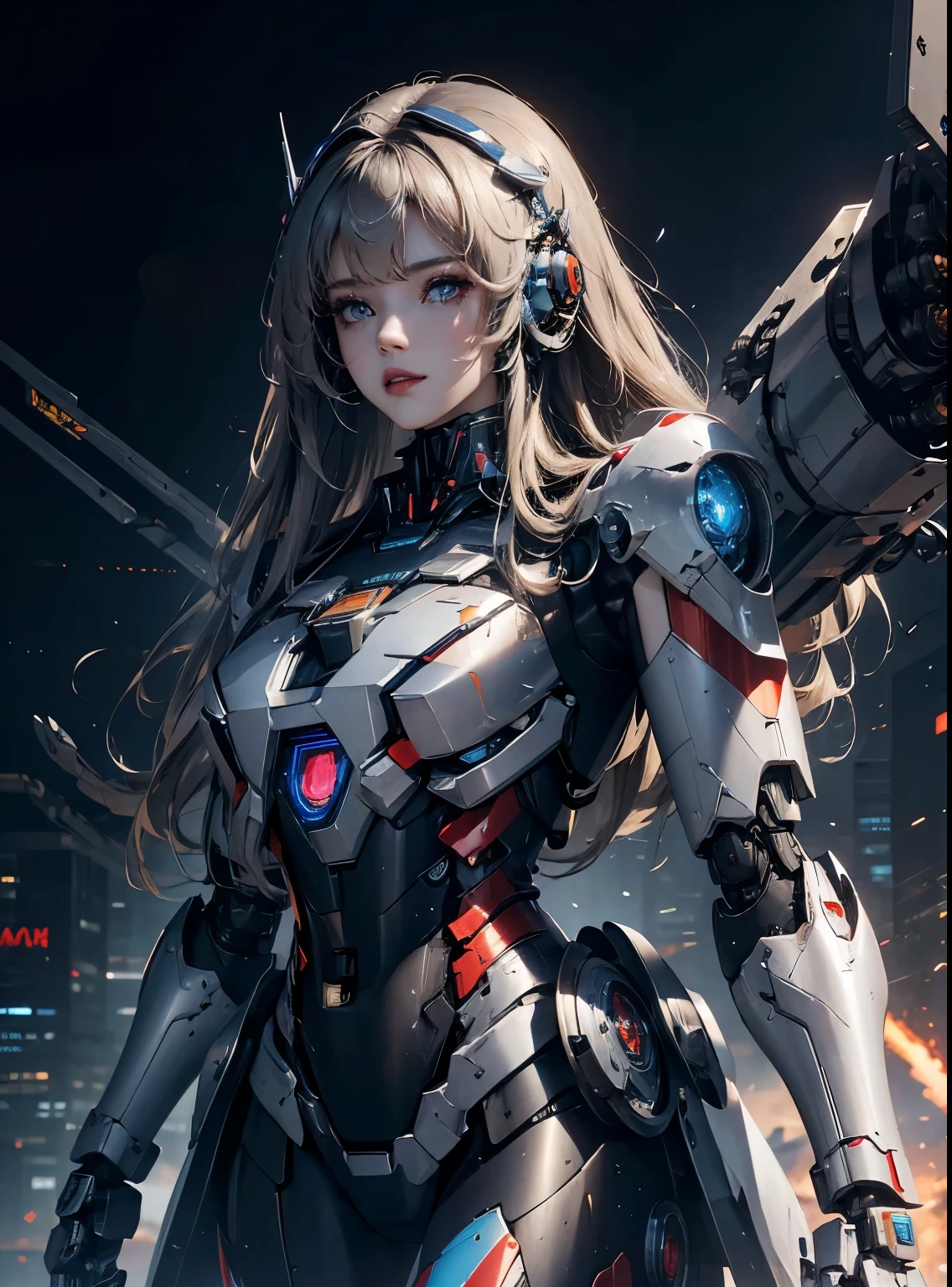 rough skin, Super detailed, advanced details, high quality, better quality, High resolution, 1080P, hard disk, beautiful,(Iron Patriot),beautifulサイボーグの女性,Mecha cyborg ,battle mode, With mechanical body,She wears a futuristic Iron Patriot mech,full body shot