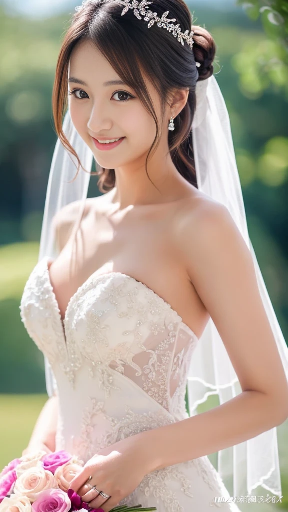 1 woman、Wedding、Beautiful style、Super high quality、whole body、beautiful skin、Japanese、innocent smile、Pull angle of view、realistic pictures、delicate、clear、white background、pink dress
