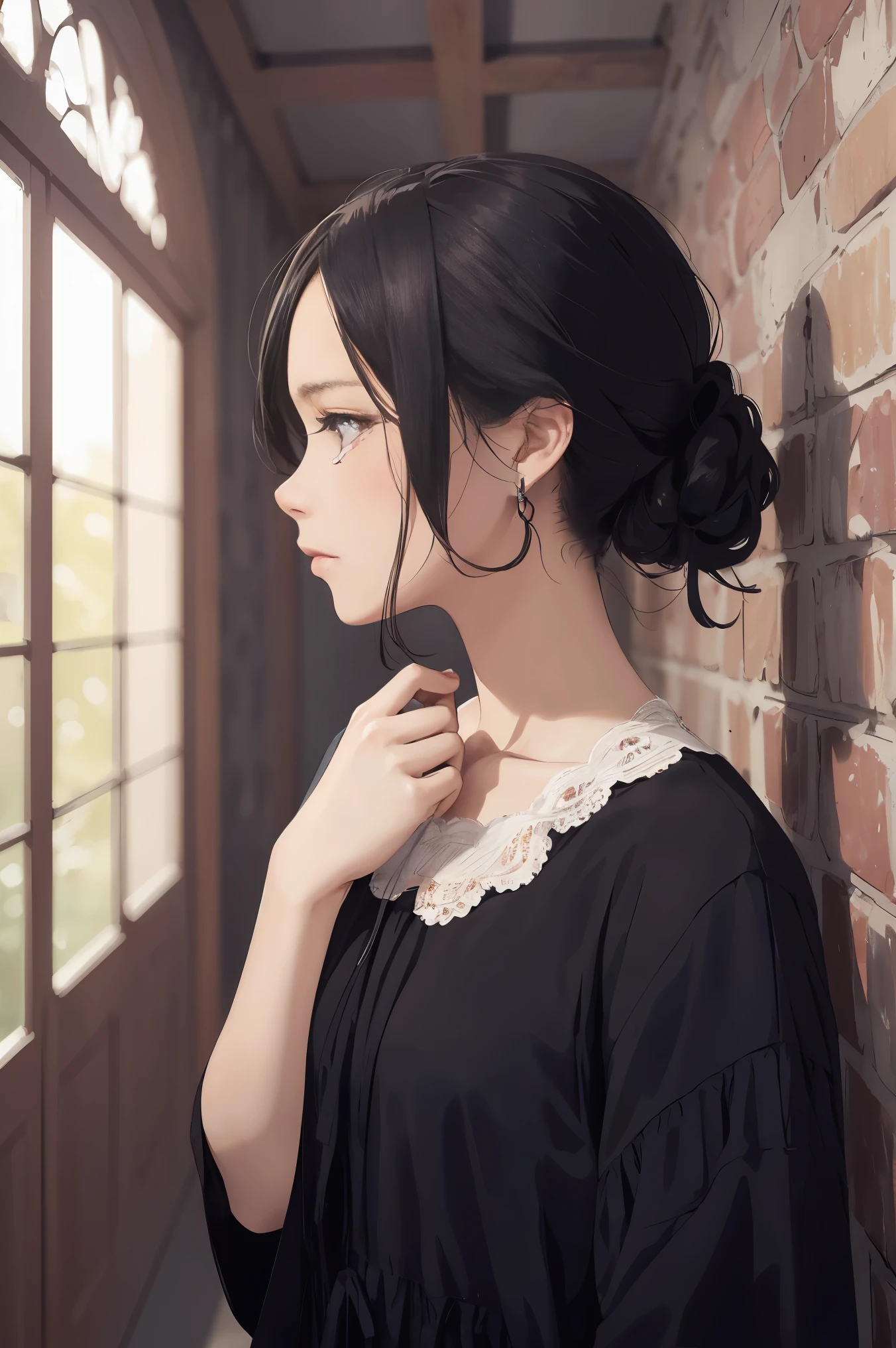 ((highest quality)), ((masterpiece)), (become familiar with), perfect face is sad Are crying girl dark room one piece tears anxious face Are crying black hair Slightly looking down standing up straight The whole body is shown beautiful woman