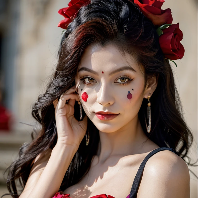 portrait woman day of the dead Santa muerte with red roses on her head and a veil carrying a black rose in her hands