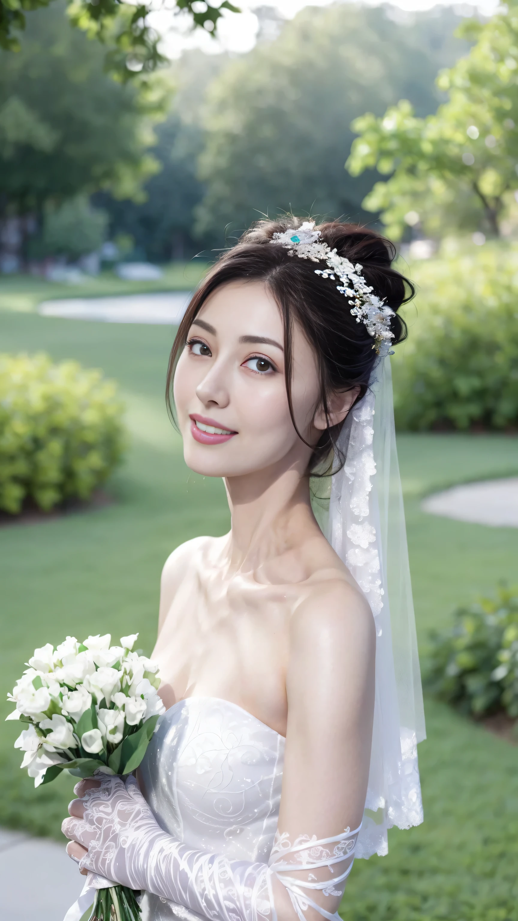 （1 18-year-old female fashion model）， [[[[close up]]]], [[[[]]]], [[[[neck]]]], [[[[Shoulder]]]], perfect eyes, perfect iris，perfect lips，perfect teeth，perfect skin，White skin，Soft headlight，High density imaging review，girl，((white bridal wedding dress))，((Sexy))，((full))，((exposed))，((bridal hairstyle))，(Various dynamic poses)，(((Excited and satisfied smile)))，The background is green trees and flowers，quality， masterpiece， ultra high resolution，（lifelike： 1.4）， original photo，（超级lifelike细节））， best quality，（pastel colors：1.2）