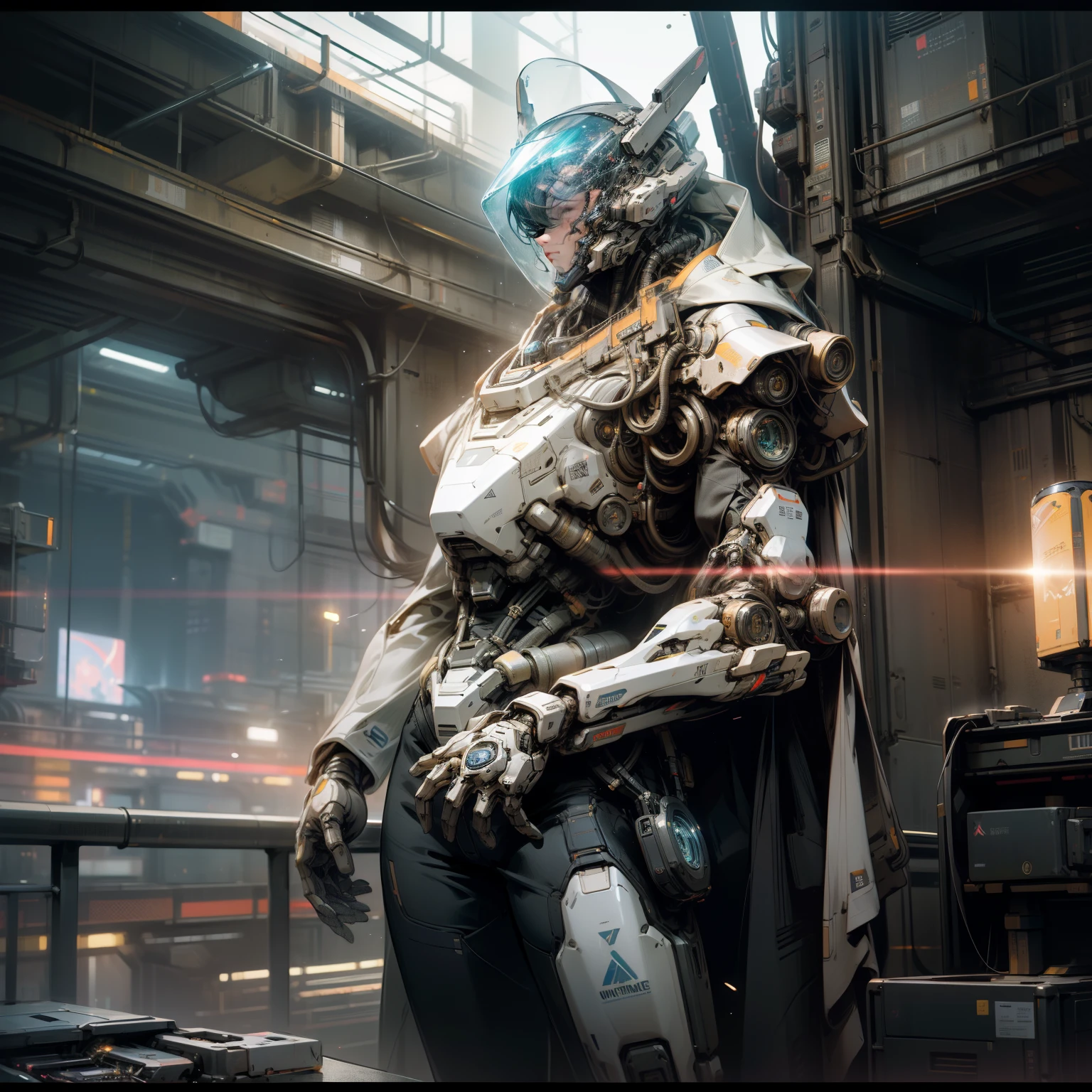 "A lone astronaut clad in a cyberpunk suit, with circuits and neon lights adorning the exterior, stood against the backdrop of the star-studded cosmos. The scene was rendered in hyper-realistic detail, with 8k resolution capturing every intricate line and texture. The astronaut's visor reflected a mesmerizing blend of the vast, infinite space and the sprawling cybernetic cityscape below. The setting was a captivating blend of science fiction and cyberpunk, characterized by towering, mechanical structures and subtle, glowing networks of energy. The overall composition was epic, cinematic, and breathtaking, with expert post-processing