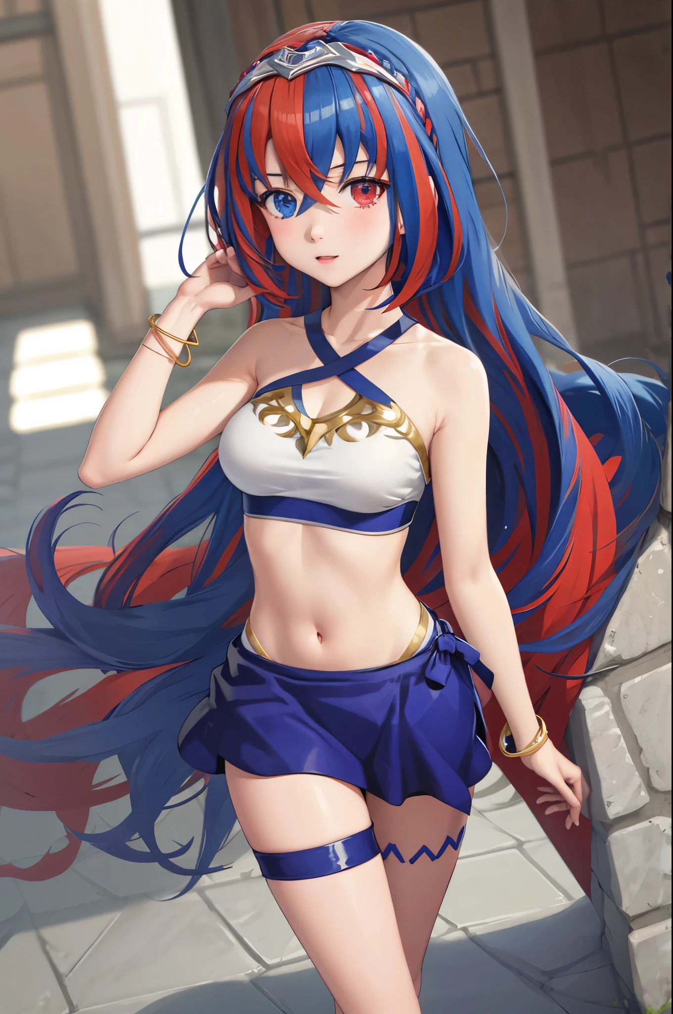 (extremely detailed CG),(best quality),1girl, alear \(fire emblem\), heterochromia, crossed bangs, split-color hair, tiara, swimsuit, two-tone bikini, bracelet, blue sarong, thighlet, thigh strap