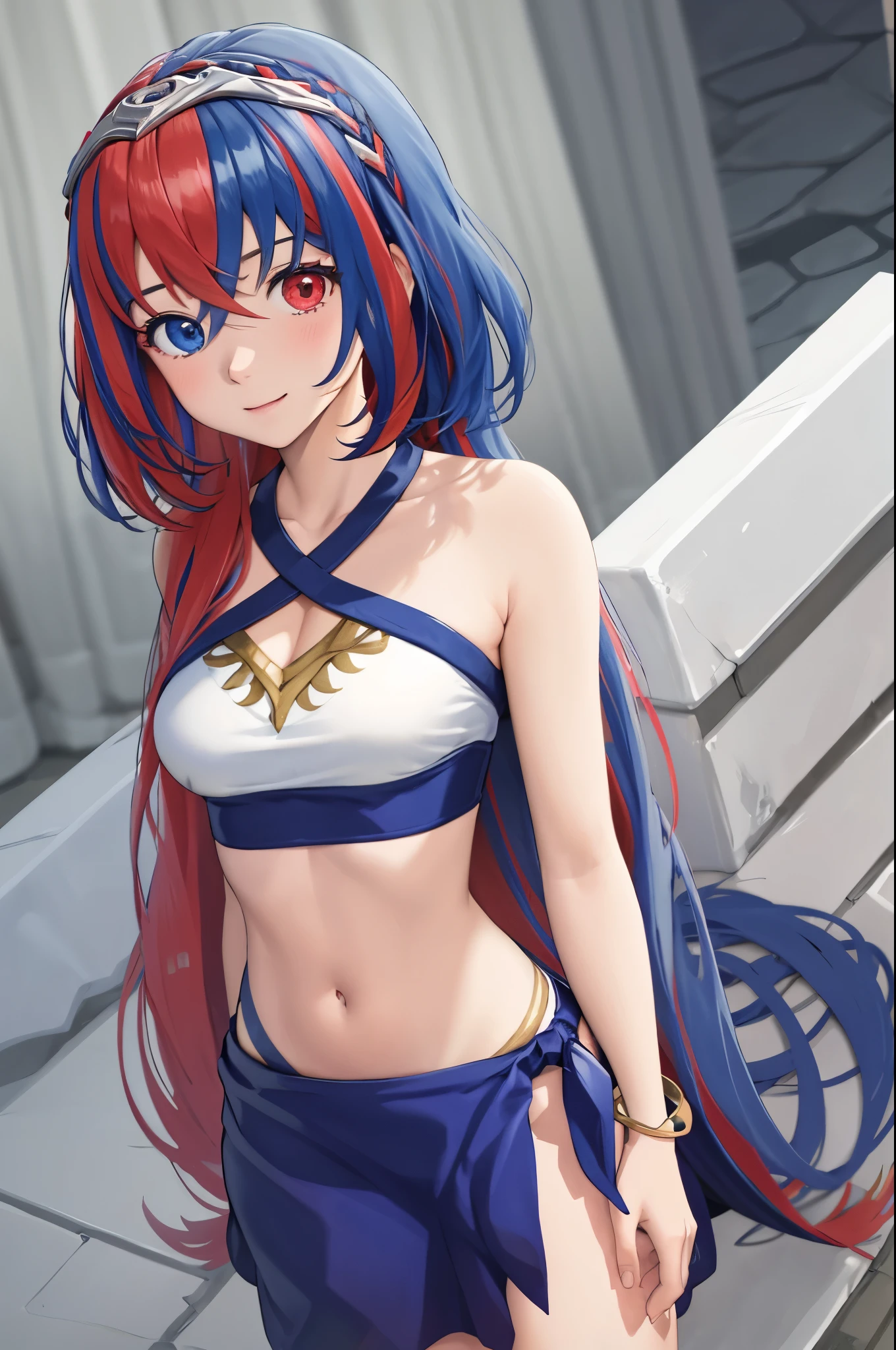 (extremely detailed CG),(best quality),1girl, alear \(fire emblem\), heterochromia, crossed bangs, split-color hair, tiara, swimsuit, two-tone bikini, bracelet, blue sarong, thighlet, thigh strap