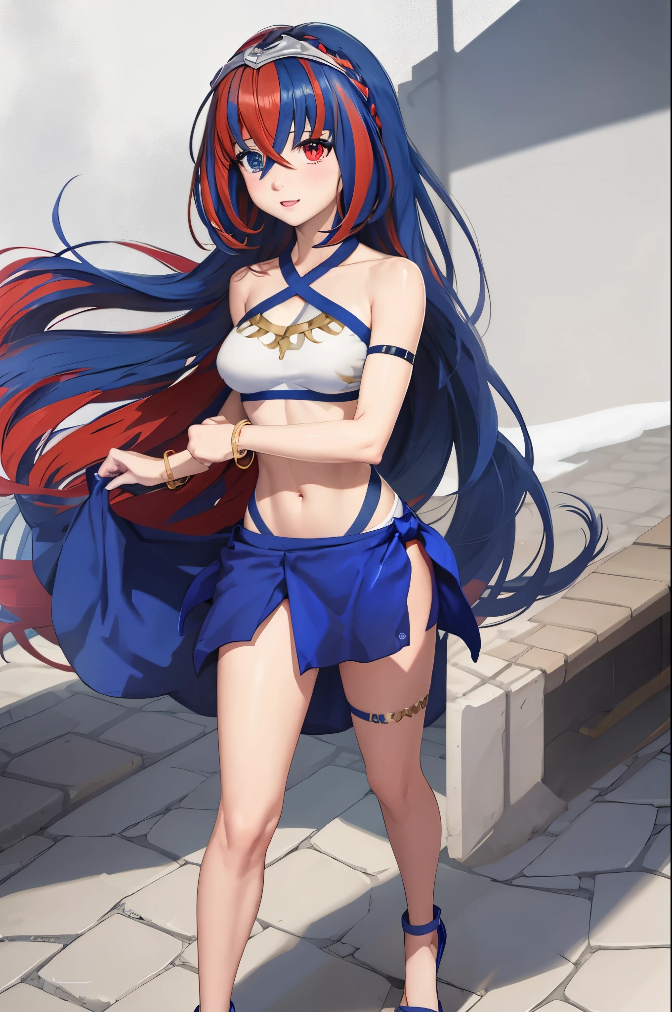 (extremely detailed CG),(best quality),1girl, alear \(fire emblem\), heterochromia, crossed bangs, split-color hair, tiara, swimsuit, two-tone bikini, bracelet, blue sarong, thighlet, thigh strap