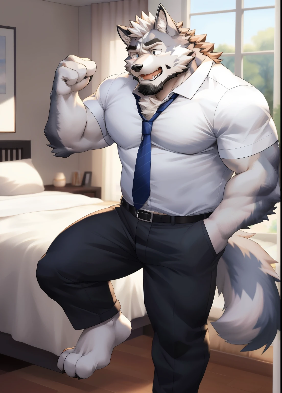 hairy，（（Wolf，Loose white shirt，tie，black pants，）），beard，white socks，white fur，male，Common，full body picture（（极其lifelike阴影，masterpiece，Very detailed，lifelike））， （（Cat）），dynamic poses，In the bedroom，bed，shy，Unbuttoned pants chain（（极其lifelike背景，masterpiece，Very detailed，lifelike））detailed background