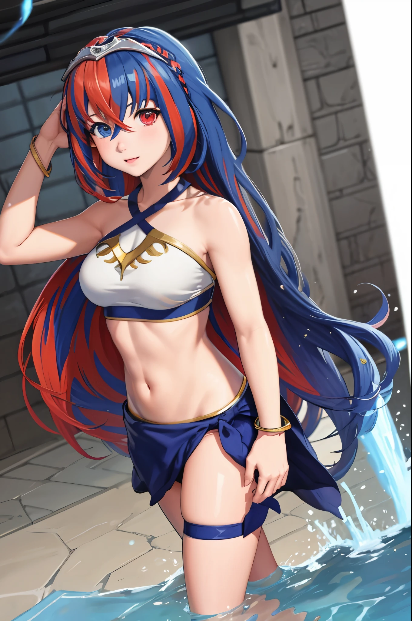 (extremely detailed CG),(best quality),1girl, alear \(fire emblem\), heterochromia, crossed bangs, split-color hair, tiara, swimsuit, two-tone bikini, bracelet, blue sarong, thighlet, thigh strap