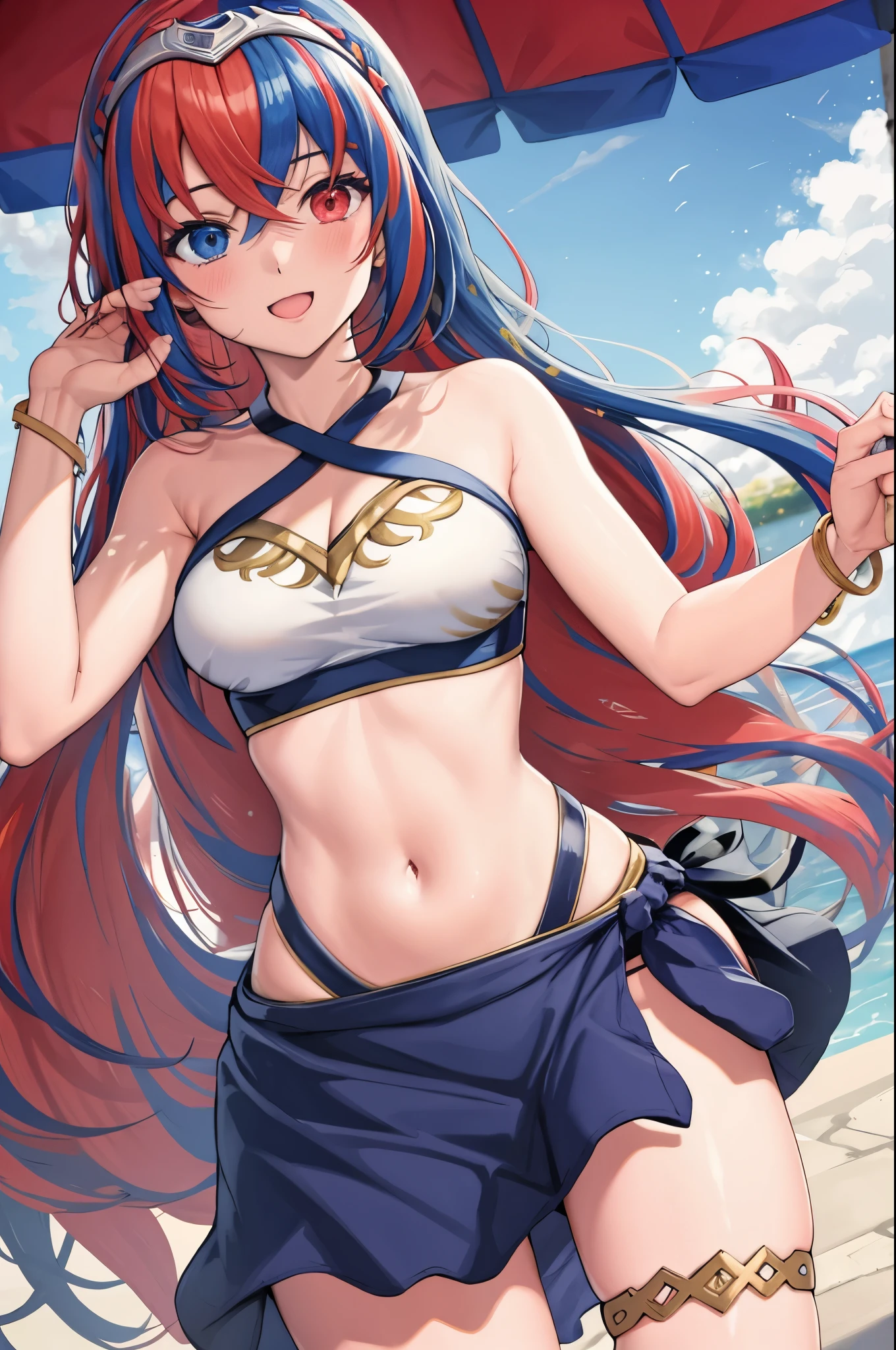 (extremely detailed CG),(best quality),1girl, alear \(fire emblem\), heterochromia, crossed bangs, split-color hair, tiara, swimsuit, two-tone bikini, bracelet, blue sarong, thighlet, thigh strap