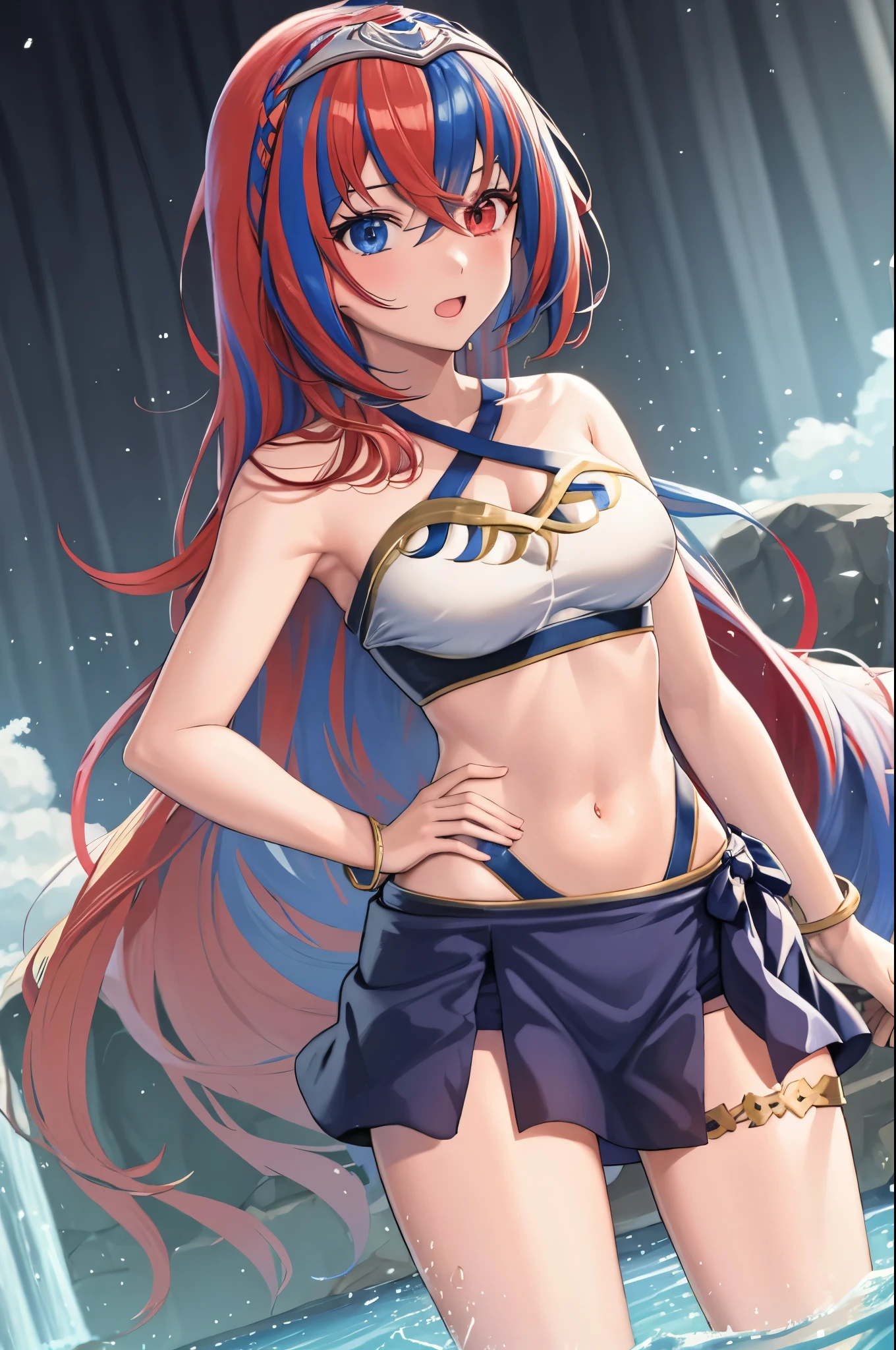 (extremely detailed CG),(best quality),1girl, alear \(fire emblem\), heterochromia, crossed bangs, split-color hair, tiara, swimsuit, two-tone bikini, bracelet, blue sarong, thighlet, thigh strap