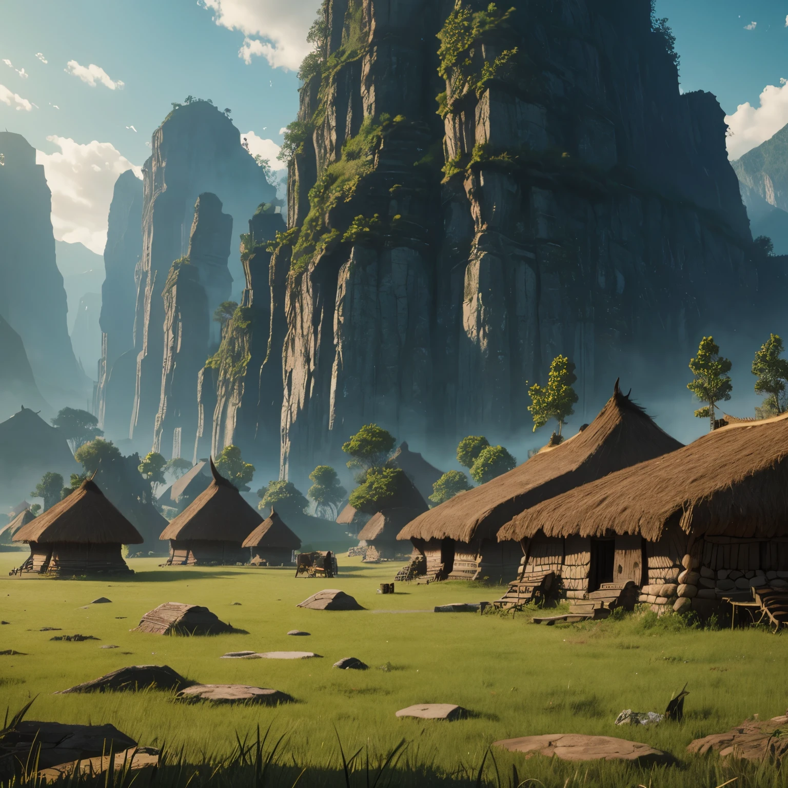 Nature, Open Field, High Fantasy, Dark Fantasy, Some Primitive Tribal Dwellings