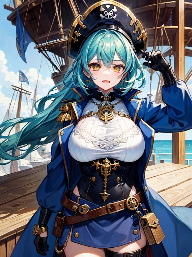 (((masterpiece、Highest image quality、highest quality、highly detailed unity 8kwallpaper)))、((Illustration of one girl、upper body))、(((beautiful girl)))、(fantasy、female pirate)、(Light light blue hair、short ponytail:1.2、yellow eyes)、(((Right hand is a prosthetic hand、steampunk prosthetic arm)))、((tall))、bulky figure, massive frame, thick neck, sturdy arms, powerful legs、(captain's suit、Pirate hat、Blue coat)、pier、pirate ship anchored、Wooden sailing ship