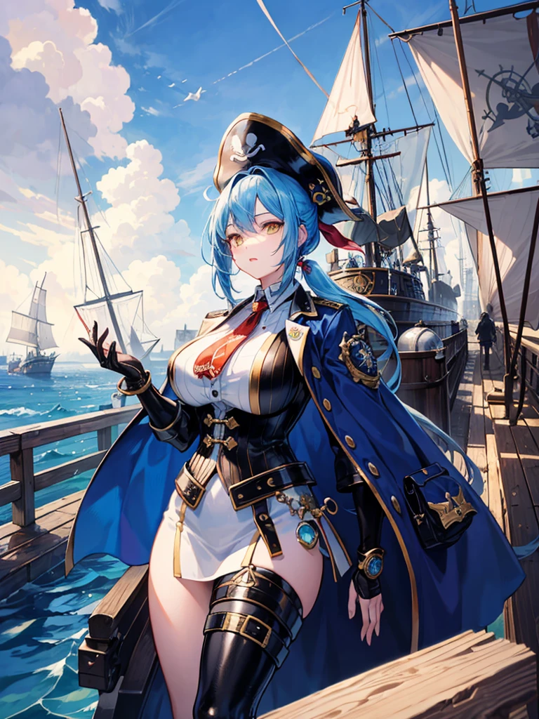 (((masterpiece、Highest image quality、highest quality、highly detailed unity 8kwallpaper)))、((Illustration of one girl、upper body))、(((beautiful girl)))、(fantasy、female pirate)、(Light light blue hair、short ponytail:1.2、yellow eyes)、(((Right hand is a prosthetic hand、steampunk prosthetic arm)))、((tall))、bulky figure, massive frame, thick neck, sturdy arms, powerful legs、(captain's suit、Pirate hat、Blue coat)、pier、pirate ship anchored、Wooden sailing ship