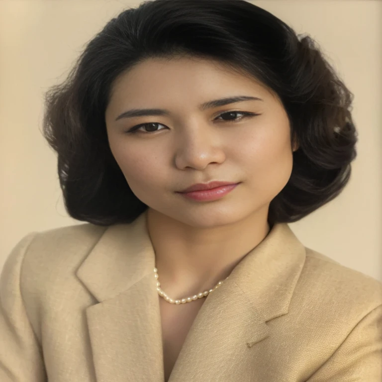 Araaf woman in a beige suit and pearl necklace poses for a photo., close-up portrait, Close-up photo, Riyoko Ikeda, asian woman, Tomorrow, Tran., Close-up photo, portrait of christy ren, Meilingzhou, Karn Liu, Kiyoko Suzuki, Close-up photo, Yun Ling, color studio photo, color photo