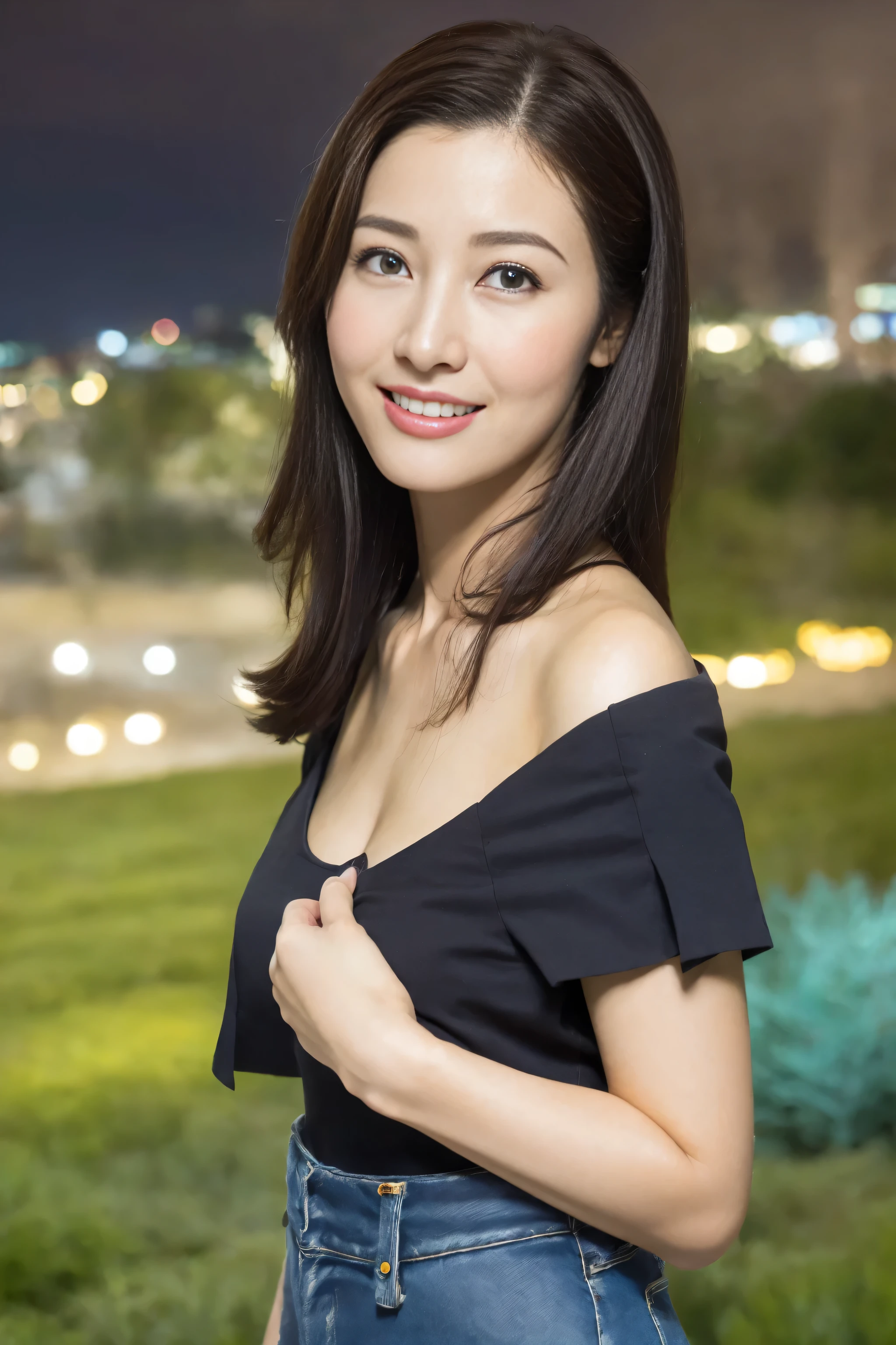 ((night view, realistic light, best quality, 8k, masterpiece: 1.3)), 1 girl, slim: 1.4, brown hair, (Big deal: 1.3), Off-shoulder cut top: 1.3, Super detailed faces, exquisite eyes, double eyelids, disney land, fountain, castle, fireworks, Smile, Split, droop