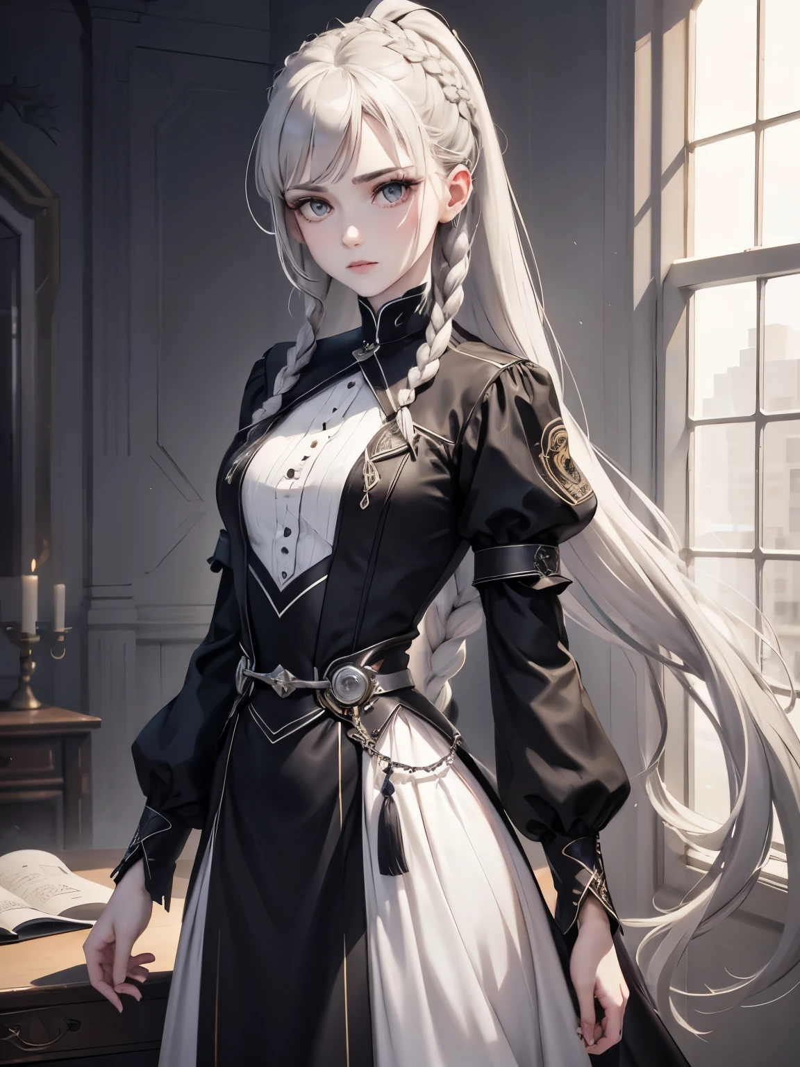 Cassandra is a tall young woman with pale skin, gray eyes and white wavy hair with gray streaks, braided into a high ponytail with many small braids. Two strands of hair and asymmetrical bangs go down the sides of the face. Обычно носит одежду серых и черных цветов