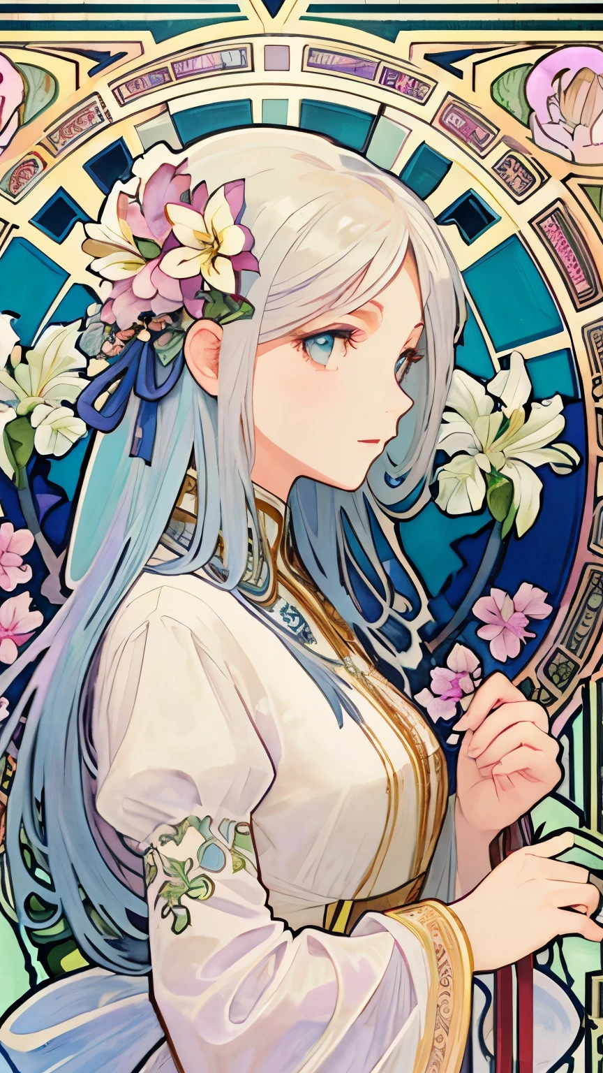 Beauty 1 person、(masterpiece、highest quality、highest quality、beautiful and aesthetic:1.2)、round picture frame、Rainbow-colored、Shining jewelry hair ornament、flowers in full bloom、detailed jewelry、dynamic、Based on the concept of an elegant woman、(((Alphonse Mucha)))、Shining eyes、colorful hair、Fluttering petals、Gradation、hyperdetailed intricately detailed, unreal engine, wonderful, intricate details, splash screen, complementary color, 8K resolution, 逸脱のmasterpiece、white hair、fluttering hair、lily flowers、white dress、A large number of lily flowers