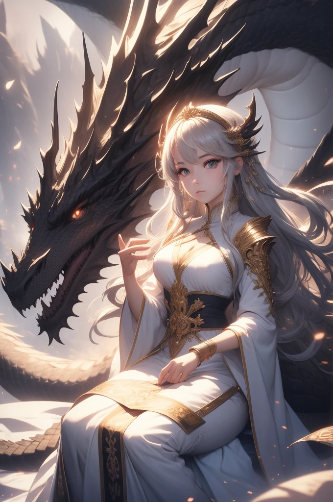 1 girl, goddess, Holy, noble, fairy tale, sitting, Detailed face, delicate eyes, dragon, dragon,