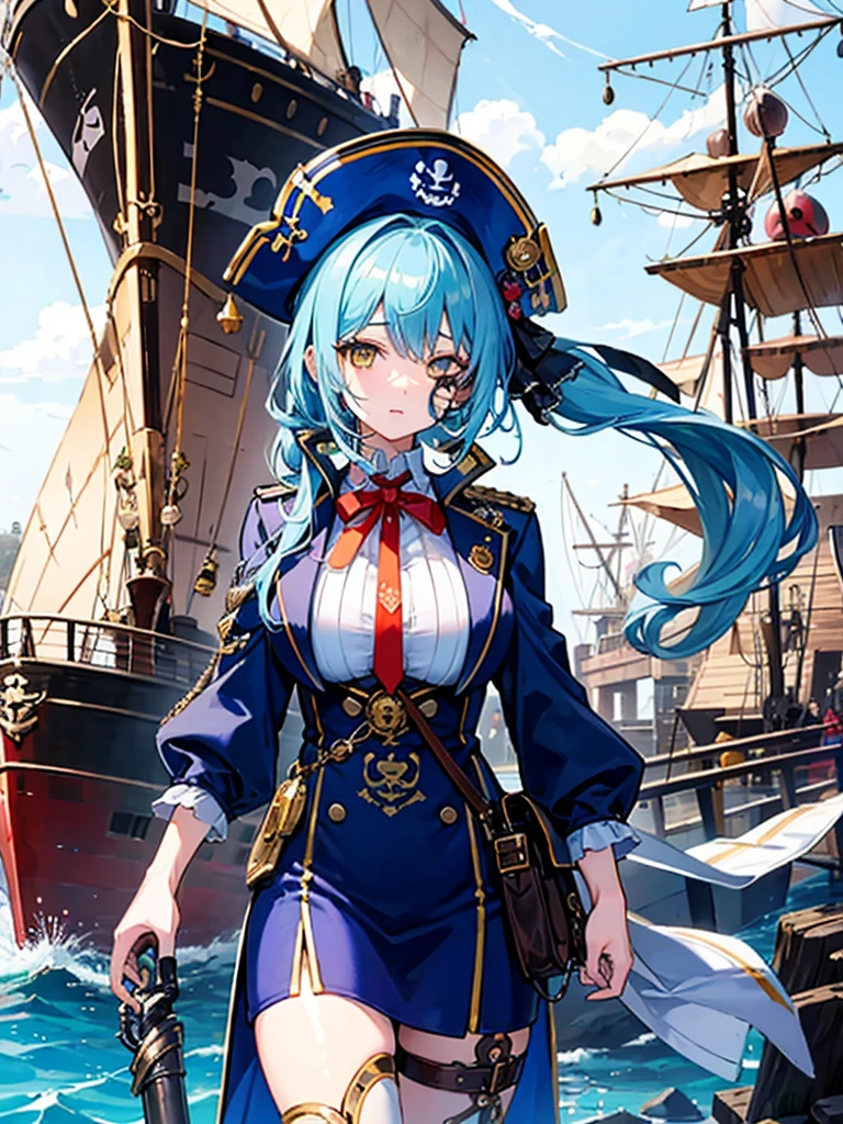 (((masterpiece、Highest image quality、highest quality、highly detailed unity 8kwallpaper)))、((Illustration of one girl、upper body))、(((beautiful girl)))、(fantasy、female pirate)、(Light light blue hair、short ponytail:1.2、yellow eyes)、(((Right hand is a prosthetic hand、steampunk prosthetic arm)))、((tall))、bulky figure, massive frame, thick neck, sturdy arms, powerful legs、(captain's suit、Pirate hat、Blue coat)、pier、pirate ship anchored、Wooden sailing ship