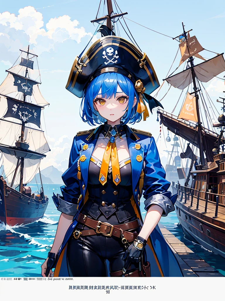 （（（masterpiece、Highest image quality、highest quality、highly detailed unity 8ｋwallpaper）））、（（Illustration of one girl、upper body））、（（（beautiful girl）））、（fantasy、female pirate）、（Light light blue hair、short ponytail：1.2、yellow eyes）、（（（Right hand is a prosthetic hand、steampunk prosthetic arm）））、（（tall））、bulky figure, massive frame, thick neck, sturdy arms, powerful legs、（captain&#39;s suit、Pirate hat、Blue coat）、pier、pirate ship anchored、Wooden sailing ship